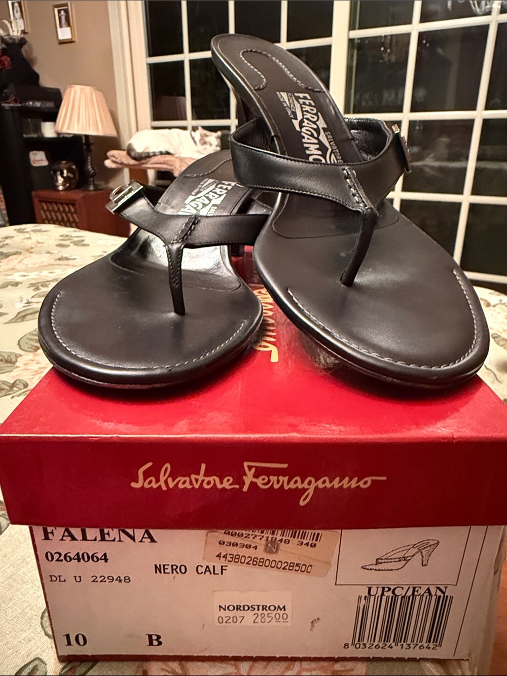 Salvatore Ferragamo Falena Black Leather Thong Sandals 10 B